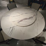 White Marble Round Dining Table with Teal & Gold Stainless Steel Accents